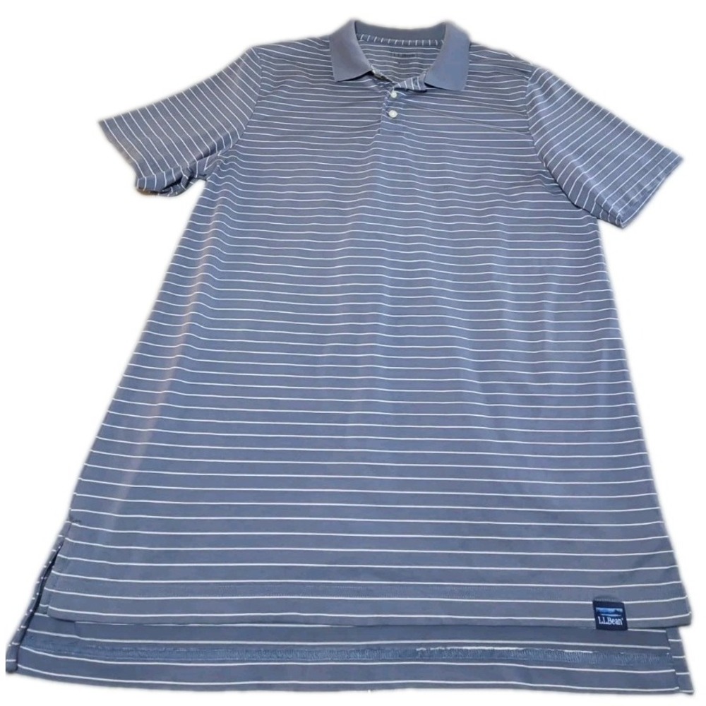 LL Bean Polo Shirt Mens M Traditional Fit Blue Striped Pima Cotton Poly Stretch